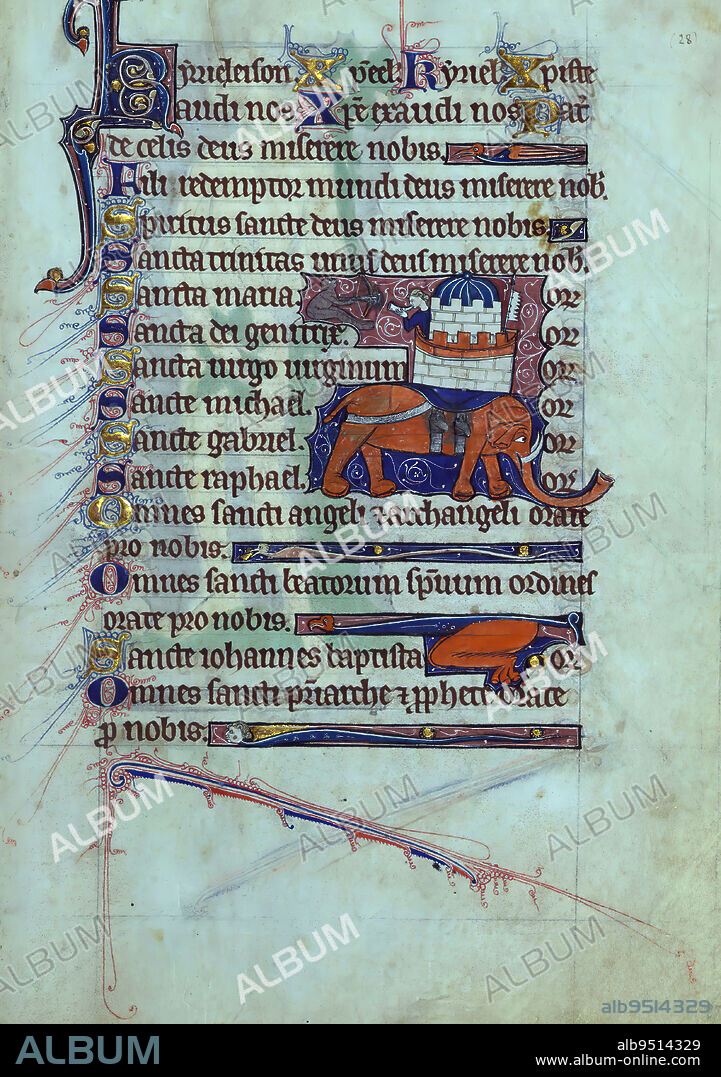 Book of Hours, Elephant and Castle, This is a finely illuminated and iconographically rich Book of Hours, made in England at the end of the thirteenth century. The manuscript is incomplete and misbound. The manuscript contains a number of unusual texts including the Hours of Jesus Crucified, and the Office of St. Catherine. The patron of the manuscript is not clear: a woman is depicted as praying in many of the initials, but rubrics in the Office of the Dead mention 'freres'. The imagery is marvellously inventive, and the Hours of Christ Crucified are graced with images depicting the Funeral of Reynard the Fox in its margins. In the absence of a Calendar, it is not possible to locate the origin of the manuscript precisely.