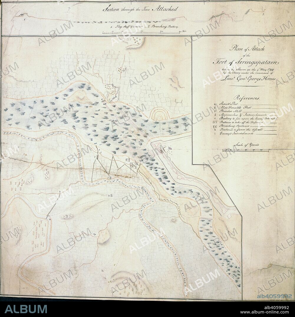 Battle of Seringapatam. circa 1799. [Whole plan] Plan of attack on the fort of Seringapatam, taken by the forces of the British East India Company commanded by General George Harris, against Tipu Sultan; General Arthur Wellesley commanded the reserves, 4 May 1799  Originally published/produced in circa 1799. . Source: Add. 13906 C,. Language: English.