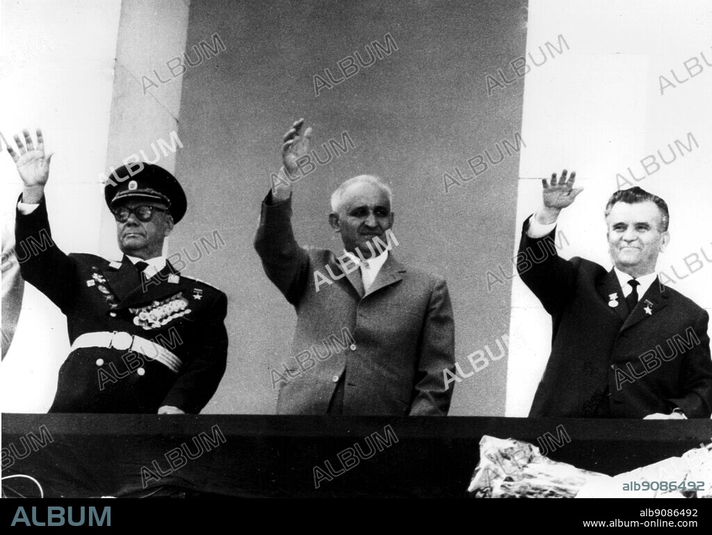 Bulgarian National Day was celebrated on 9th September, the 21st anniversary of the Socialist Revolution in Bulgaria, with a military parade and demonstreation on the 9th September Square, Sofia, capital of Bulgaria. Taking the salute on the tribune of the Georgi Dimitrov Mausoleum during the demonstration are seen left to right: General Ivan Mihailov, Deputy Prime Minister Todor Zhivkov, Prime Minister and First Secretary of the Bulgarian Communist Party, and Georgi Traikov, Chairman of the Presidium of the National Assembly.