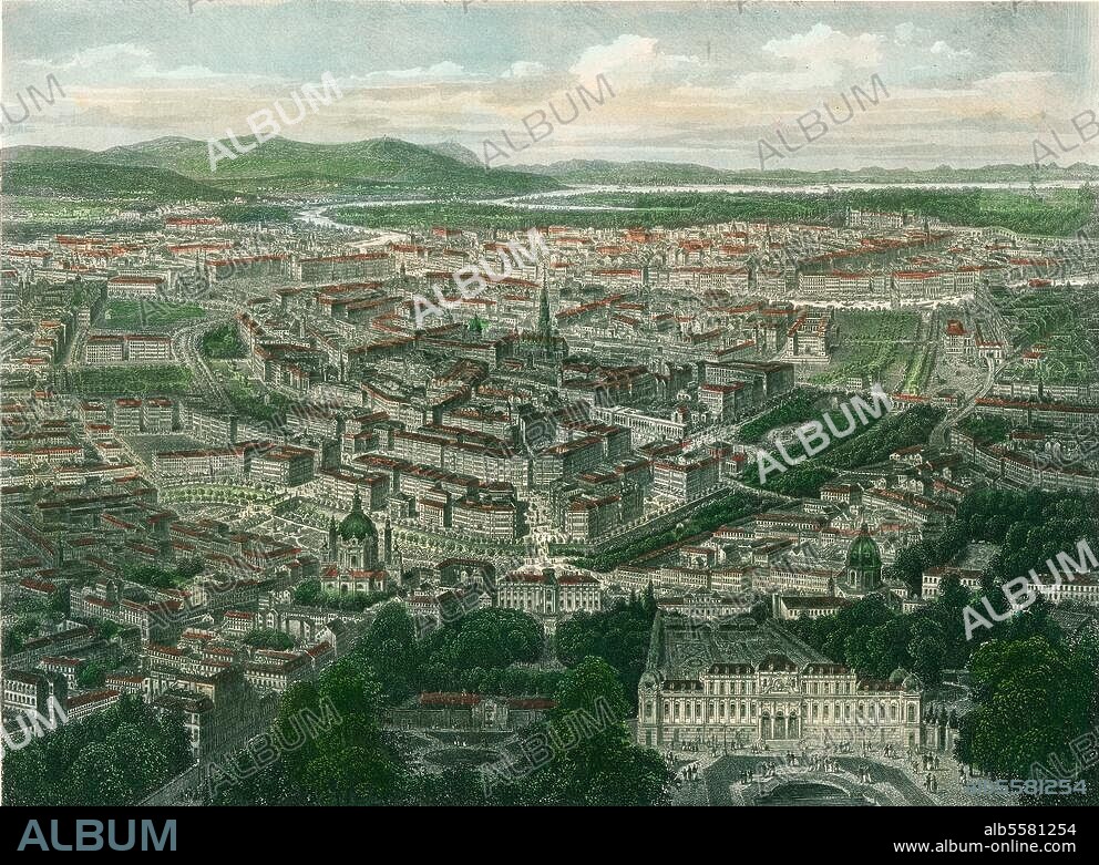 Wien. "Die Kaiserstadt am Donaustrand". (Wien aus der Vogelschau). Stahlstich, koloriert, um 1860, von G. Heisinger und M. Kolb nach Ludwig Rohbock. 13,7 × 19 cm. Berlin, Sammlung Archiv für Kunst und Geschichte.