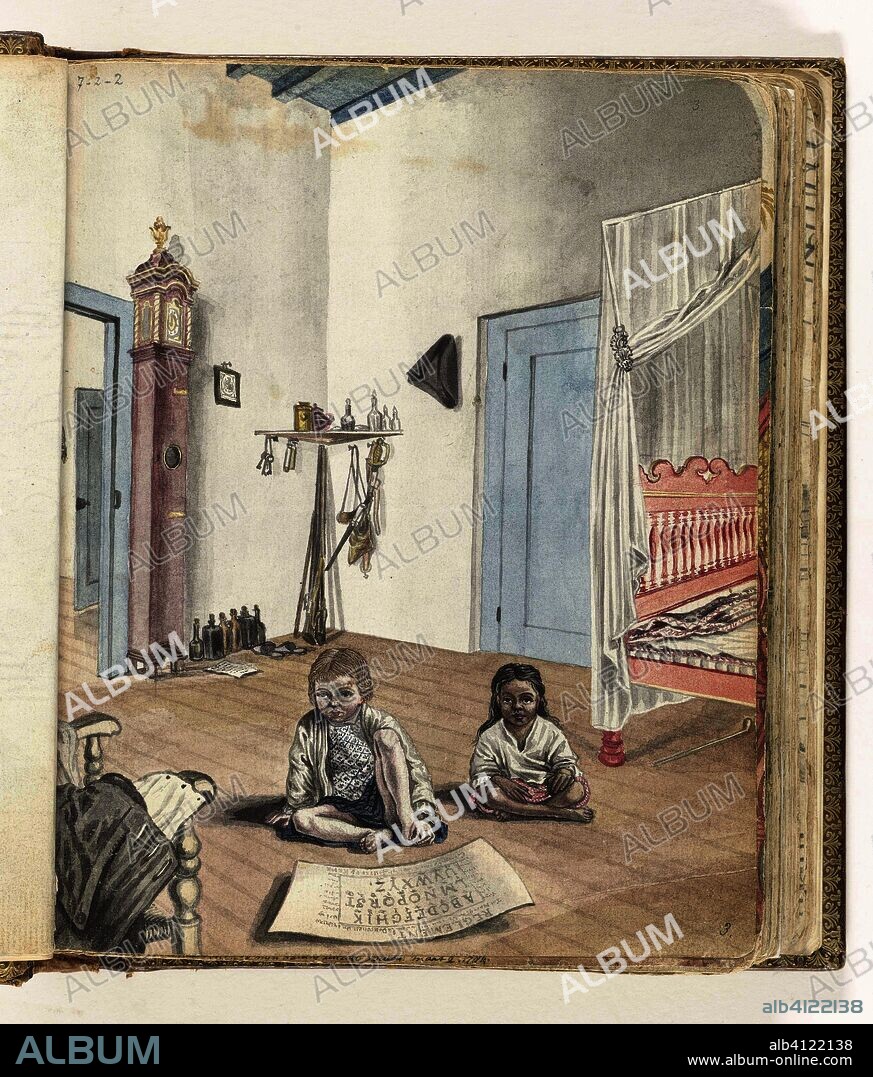 Bedroom with son Jantje and slavinnetje Bietja. Draughtsman: Jan Brandes. Dating: 1784. Place: Jakarta. Measurements: h 195 mm × w 155 mm.