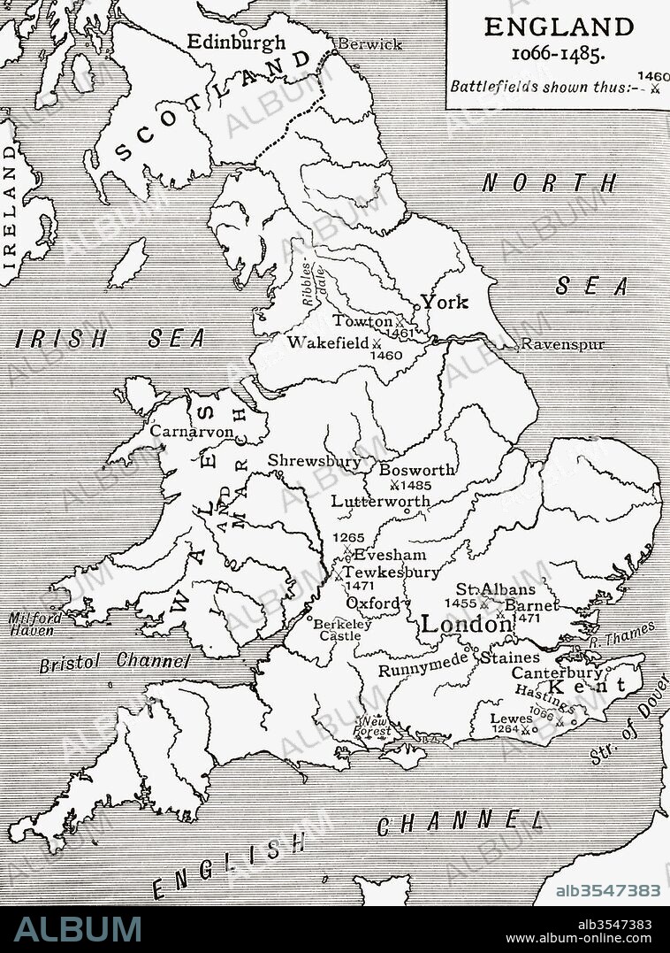A map of England 1066 - 1485, battlefields marked with crossed swords. From A First Book of British History published 1925.