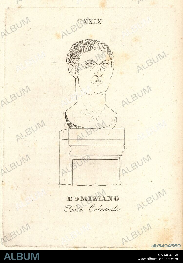Head of Roman Emperor Domitian. Copperplate engraving from Pietro Paolo Montagnani-Mirabili's Il Museo Capitolino (The Capitoline Museum), Rome, 1820.