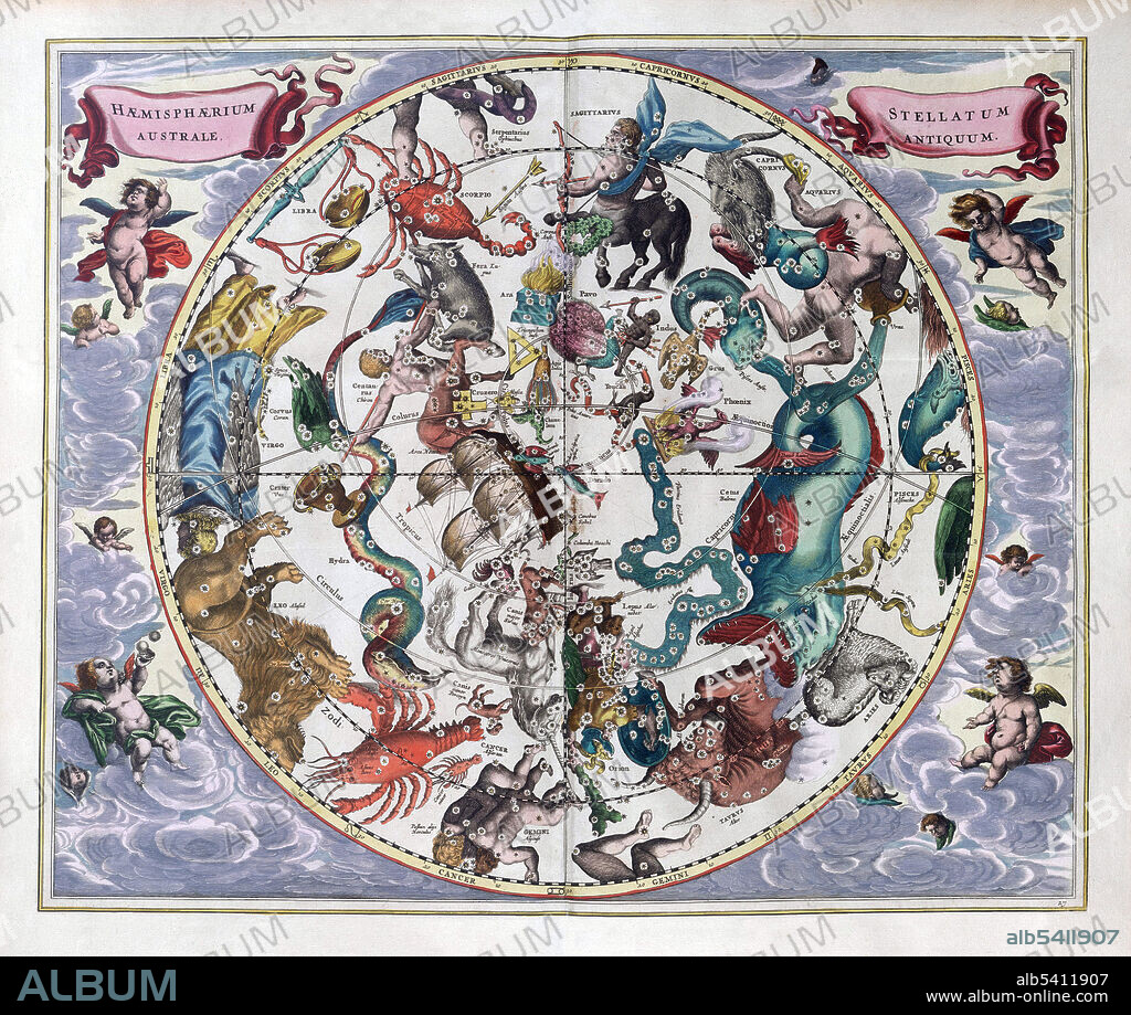 Haemisphaerium stellatum Australe antiquum, The southern stellar hemisphere of antiquity. Illustration by Andreas Cellarius (1596-1665) a Dutch-German cartographer, best known for his Harmonia Macrocosmica of 1660, a major star atlas. The first part of the atlas contains copper plate prints depicting the world systems of Ptolemy, Copernicus, and Tycho Brahe. At the end are star maps of the classical and further constellations, the latter ones as introduced by Julius Schiller in his Coelum stellatum christianum of 1627.