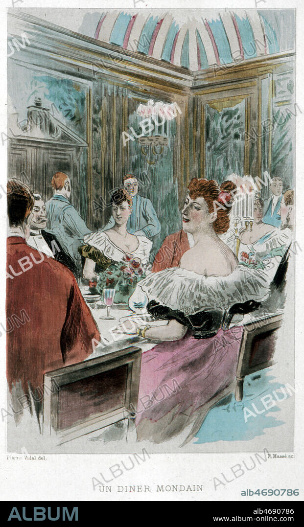 Diner mondain. Gravure de Pierre VIDAL (1849-1929) in La femme à Paris, nos contemporaines de Octave UZANNE , 1894 . Credit Collection Kharbine Tapabor.