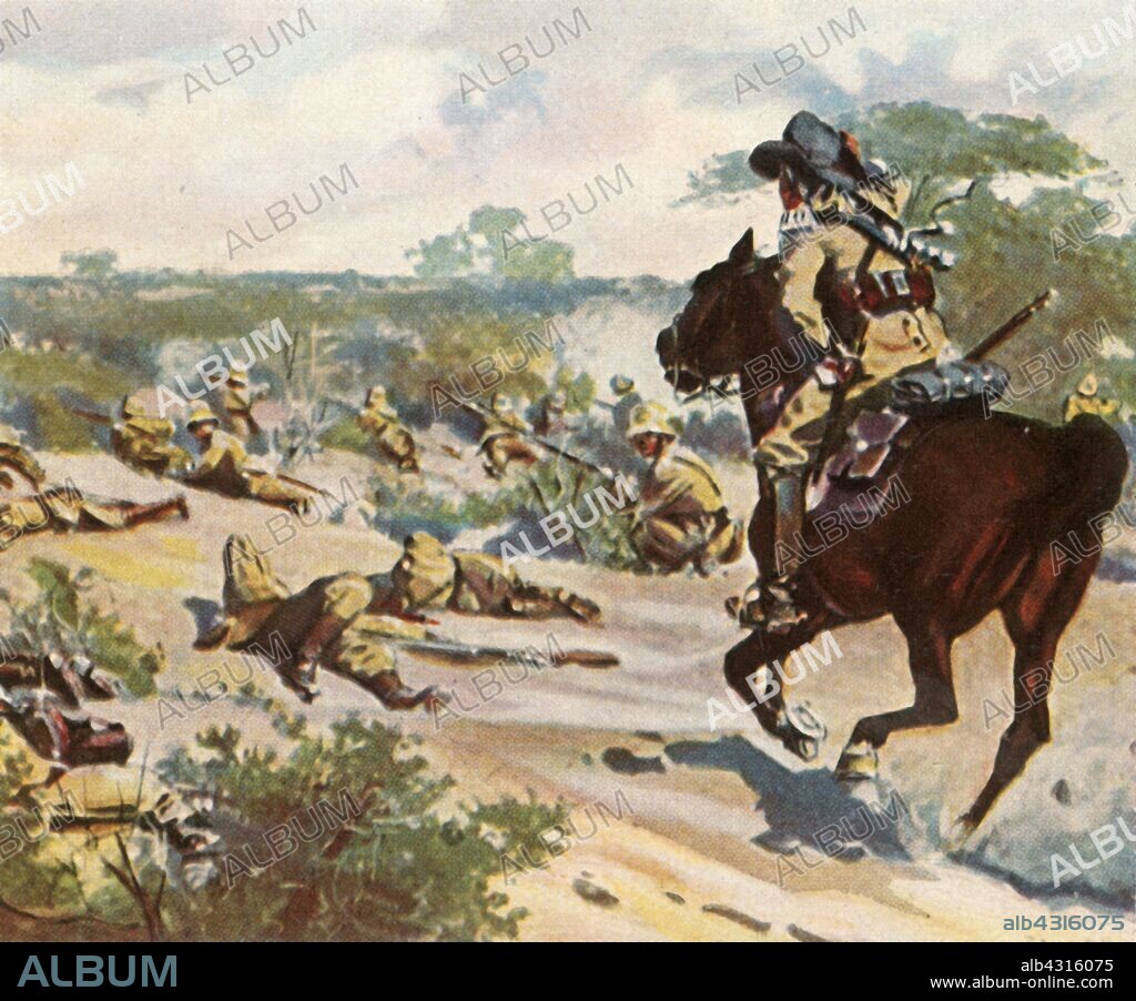 Hendrik Witboi mortally wounded in the fighting at Fahlgras, 29 October 1905, (1936). 'Hendrik Witbois Tödliche Verwundung Im Gefecht Bei Fahlgras, 29 Oktober 1905'. Namaqua chief and resistance leader Hendrik Witbooi (c1830-1905) was killed at Vaalgras, near Koichas, in the struggle against German colonial rule in German South West Africa (now Namibia). From "Bilder Deutscher Geschichte", (Pictures of German History), No.12, cigarette card album. [Cigaretten-Bilderdienst, Altona-Bahrenfeld, Hamburg, Germany, 1936].