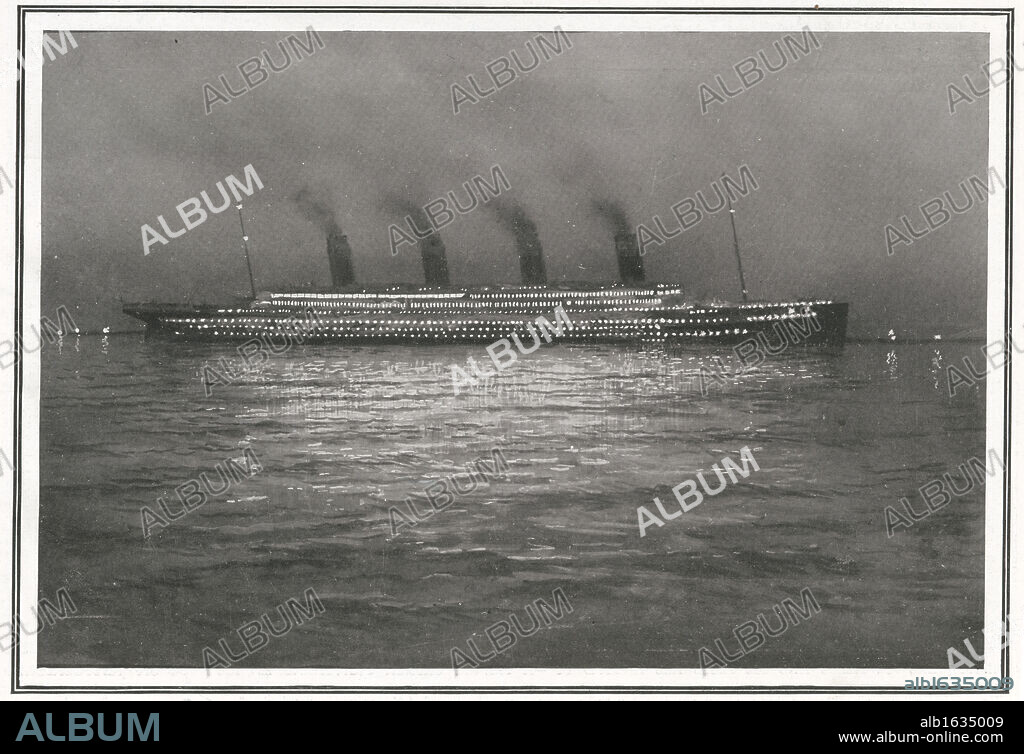 Titanic at night. Illustration of Titanic at Night. 'A Last Vision of the Titanic by Night - An Impression at Cherbourg'. The illustration shows the Titanic during her one and only visit to the French port of Cherbourg on the evening of Wednesday, April 10, 1912, having sailed from Southampton. Her hundreds of portholes are described as producing a kind of shimmering glow upon the darkness of the surrounding water. The ship,built by Harland & Wolff in Belfast Ireland during 1910 - 1911, sank on April 16th 1912 after striking an iceberg off the coast of New Foundland during her maiden voyage from Southampton, England to New York, USA, with the loss of 1,522 passengers and crew. (Photo by Titanic Images/Universal Images Group).