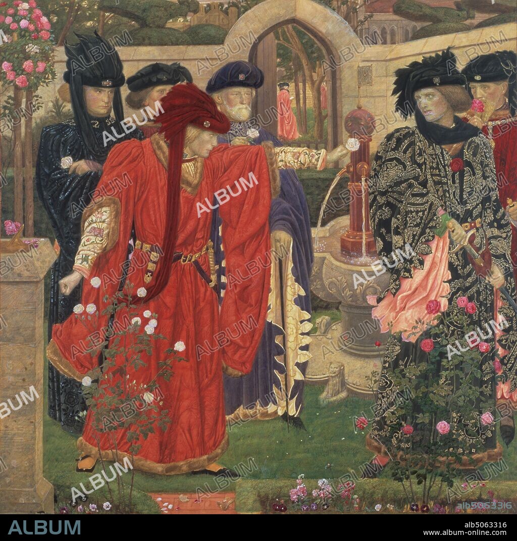 Choosing The Red and White Roses in the Temple Garden, 1910 Depicting the likely-fictional scene by William Shakespeare of Edmund Beaufort, 2nd Duke of Somerset being challenged by Richard of York, 3rd Duke of York to choose between the White Rose of York and the Red Rose of Lancaster., Artist: Henry Payne Watercolour, Flower, Rose, Literature, William ShakespearePre-Raphaelite.
