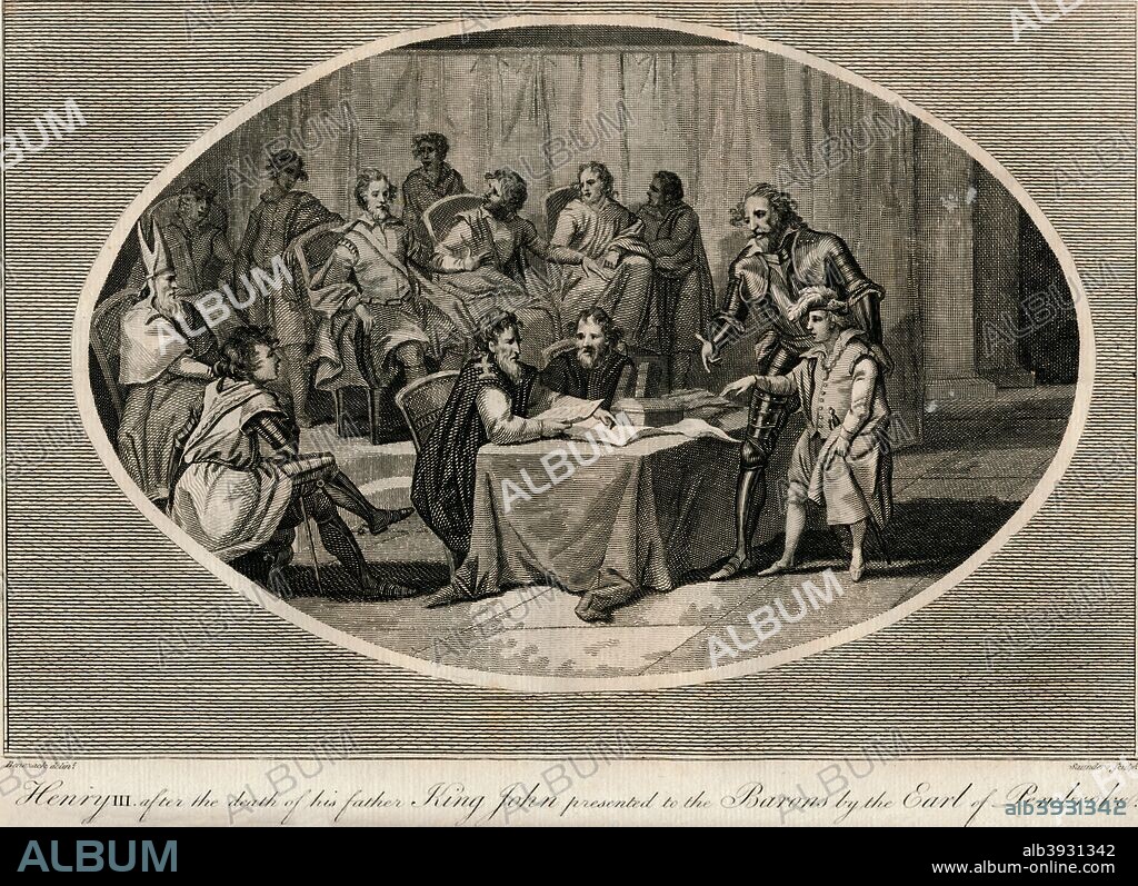 Henry III, after the death of his father King John, presented to the Barons by the Earl of Pembroke, 1216 (1793). From Ashburton's History of England, by Charles Alfred Ashburton. [W. & J. Stratford, High Holborn, London, 1793].