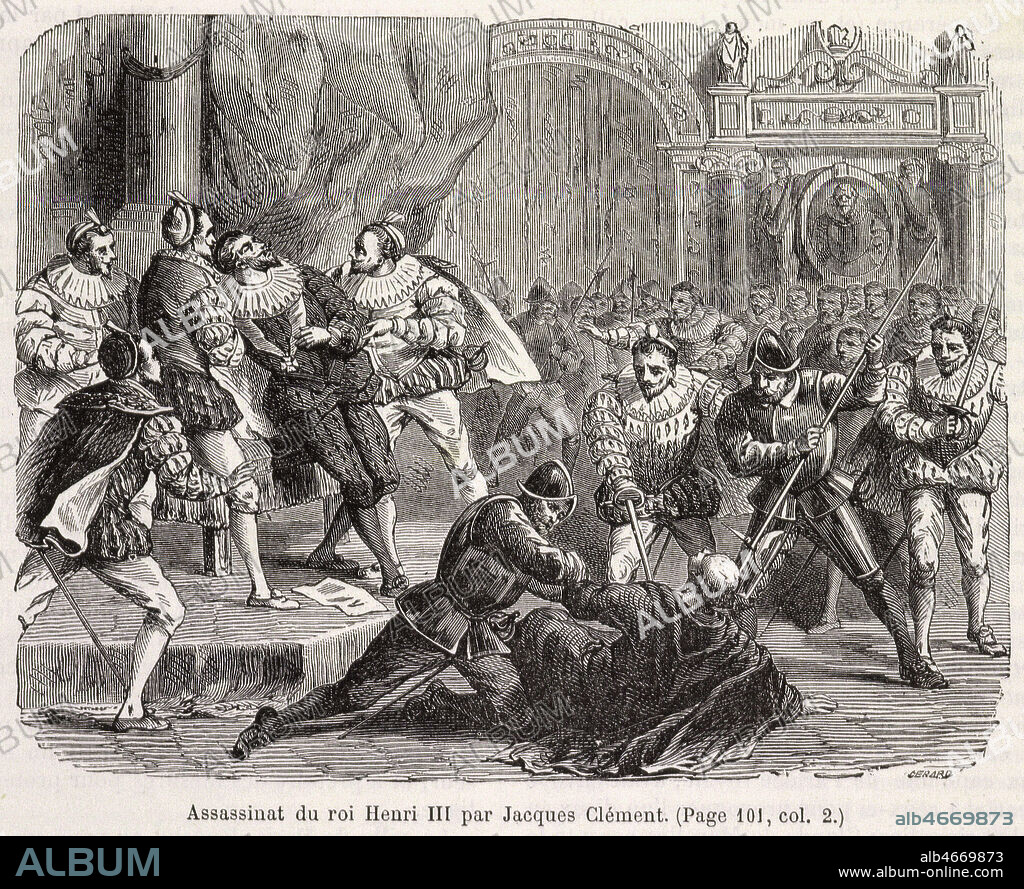 'Assassinat du roi HENRI III (1551-1589) par Jacques CLEMENT (1569-1589)'. Gravure in. Paris a travers les siecles publie par GENOUILLAC a la fin du 19eme s. Credit : Collection KHARBINE-TAPABOR.