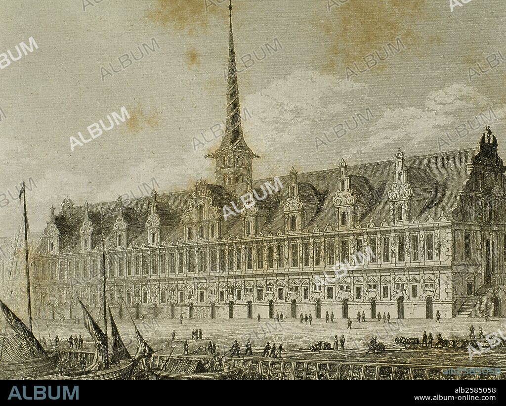 Denmark. Copenhagen. The fish market building. Baroque. Engraving, 1845.
