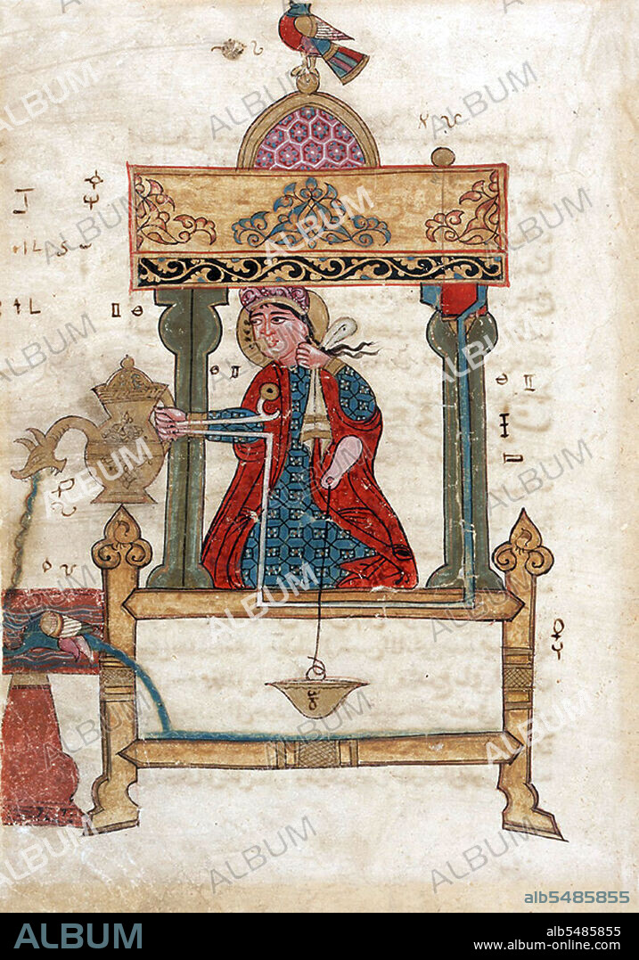 A painting on paper in color and gold leaf from al-Jazari's ' Kitab fi marifat al-hiyal al-handasiyya' (The Book of Knowledge of Ingenious Mechanical Devices). Abu al-'Iz Ibn Isma'il ibn al-Razaz al-Jazari (1136–1206) was a polymath: a scholar, inventor, mechanical engineer, craftsman, artist, mathematician and astronomer from Al-Jazira, Mesopotamia, who worked in service of the Artuqid dynasty in Diyarbakir, Asia Minor. He is best known for writing the Kitáb fí ma'rifat al-hiyal al-handasiyya (Book of Knowledge of Ingenious Mechanical Devices) in 1206, where he described fifty mechanical devices along with instructions on how to construct them.