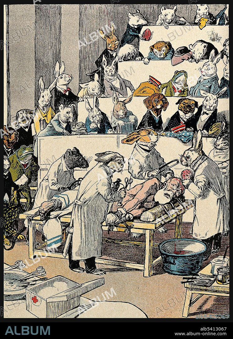 Animals vivisecting a man. Vivisection is surgery conducted for experimental purposes on a living organism, typically animals with a central nervous system, to view living internal structure. Human vivisection has been perpetrated as a form of torture. Satire is a genre of literature, and sometimes graphic and performing arts, in which vices, follies, and abuses, are held up to ridicule, with the intent of shaming individuals, corporations, government, or society itself into improvement. Anthropomorphism is the attribution of human traits, emotions, or intentions to non-human entities.  Color lithograph published in "Lustige Blatter", 1910s.