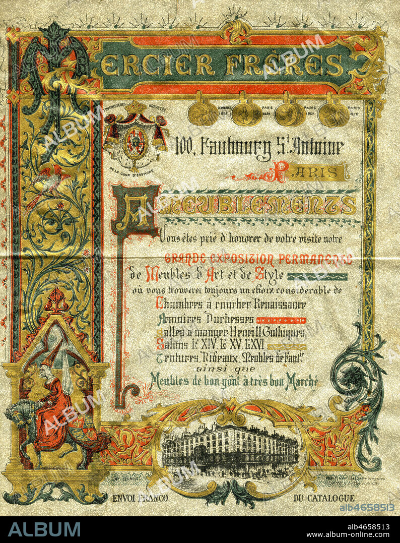 Publicite pour la societe MERCIER Freres, rue du Faubourg Saint Antoine a Paris, marchand de meubles , Ameublement, meubles de style rennaissance, gothique vers 1890. Credit IM/KHARBINE TAPABOR.