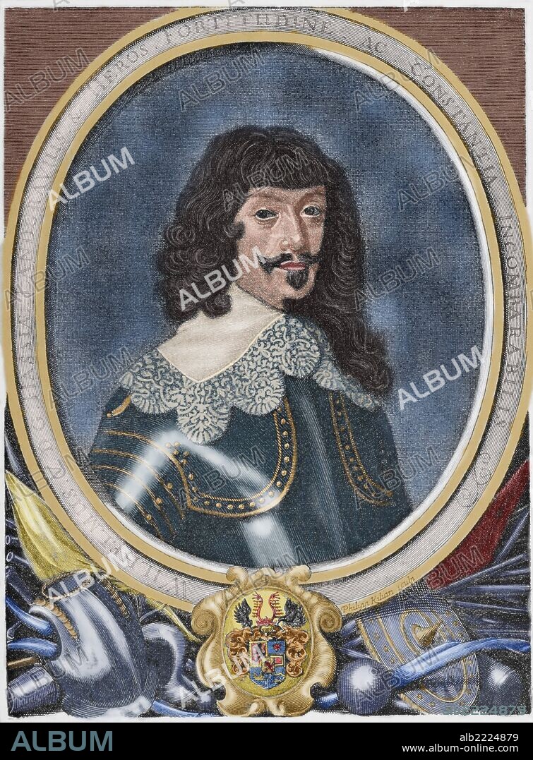 Guillermo V de Hesse-Kassel (en alemán, Wilhelm V von Hessen-Kassel) (1602-1637). Fue landgrave de Hesse-Kassel de 1627 a 1637. Grabado por Felipe Kilian (1628-1693). Facsímil. "Historia Universal", año 1885. Coloreado.