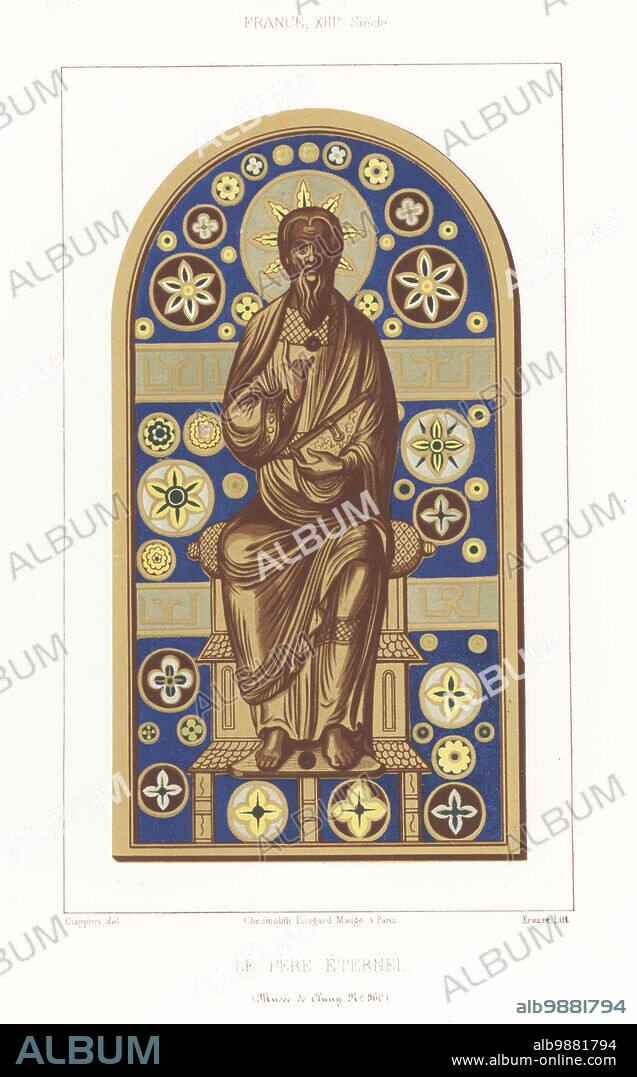 The eternal father in enamel on copper, France, 13th century. Figure of God the Father in halo, seated on a throne, in ecclesiastical robes, blessing with one hand, holding a book in the other. Le Pere Eternel, France XIIIe siecle. Musee de Cluny, No. 960. Chromolithograph by Krause after an illustration by Claudius Joseph Ciappori from Charles Louandres Les Arts Somptuaires, The Sumptuary Arts, Hangard-Mauge, Paris, 1858.