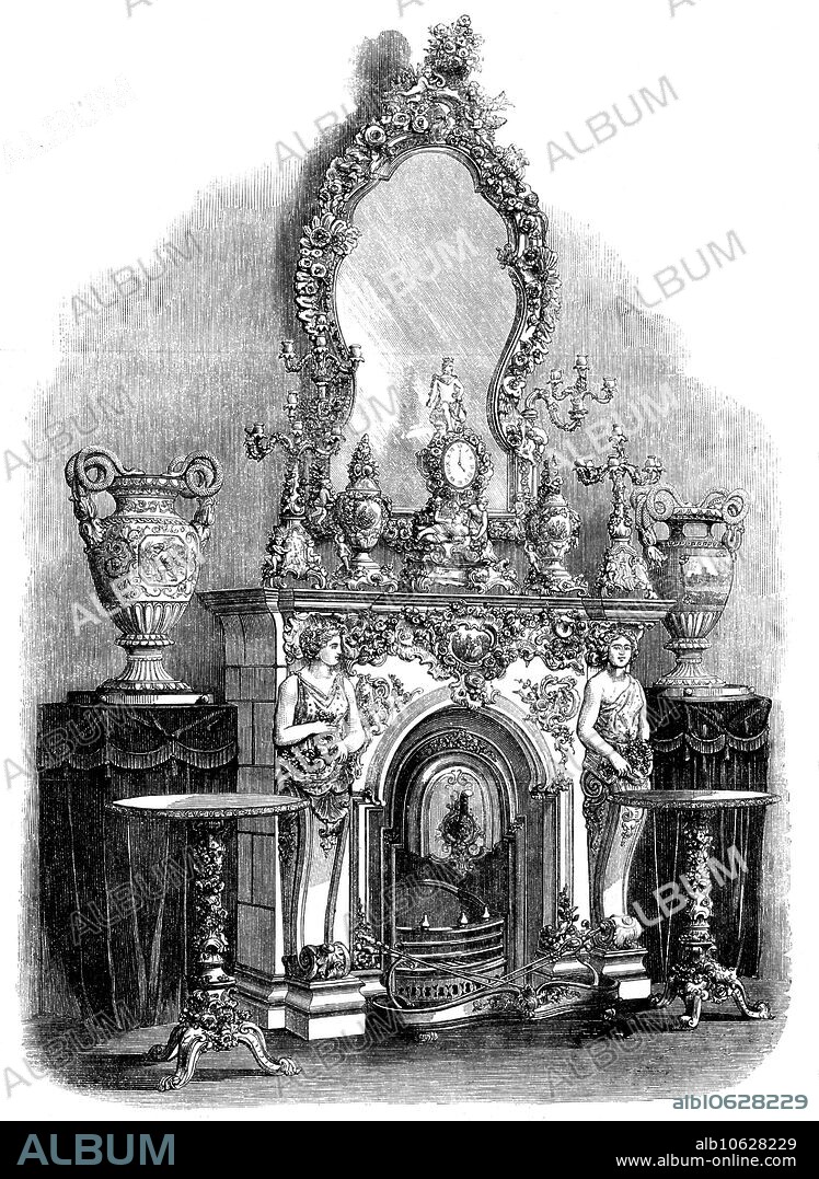 The Great International Exhibition: chimneypiece by the Royal Saxon China Manufactory, 1862. 'Our Engraving represents a chimneypiece of a unique character, formed of Dresden china...Buttresslike brackets, terminated in female figures representing Spring laden with flowers and Autumn with its golden fruits, occur at the sides as the chief projecting parts of the work; and over the entire surface flowers creep as over a hedgebank, and that with a freeness and beauty which are seldom attained by art. The parts are made out with minuteness and truth, and by the addition of colour a marvellously natural effect is attained. Whether this be desirable in an ornamental object may be questioned, especially as flowers must speedily fade if in close proximity to fire, yet, as an imitative work, this chimneypiece merits the highest commendation'. From "Illustrated London News", 1862.
