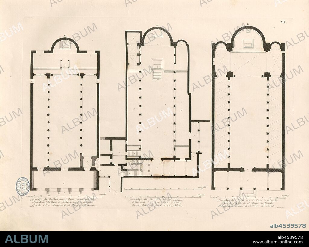 Floor plan of the Basilica of S. Maria on the other side of the Tiber, plan of the basilica of S. Sabina, plan of the church of S. Peter in Vincoli, Floor plans of the Basilica of Santa Maria, Santa Sabina and San Pietro in Vincoli, signed: M Knapp, Taf. VIII, after p. 6, Knapp, I. M. (dis.), Christian Karl Josias von Bunsen: Die Basiliken des christlichen Roms: nach ihrem Zusammenhange mit Idee und Geschichte der Kirchenbaukunst. Bd. 2. München: Literarisch-artistische Anstalt der J. G. Cotta'schen Buchhandlung, [1824].