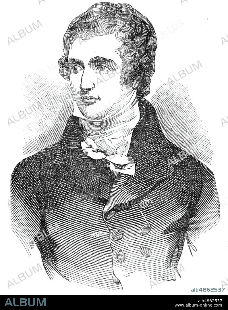 Lord Stanley, 1844. Portrait of British politician 'Edward Geoffrey Smith Stanley, Lord Stanley...the eldest son of the thirteenth Earl of Derby. He was born on the 29th of March 1799...He is her Majesty?s principal Secretary for the Colonies, and till his late acceptance of the Chiltern Hundreds, sat for the Northern Division of Lancashire'. From "Illustrated London News", 1844, Vol I.