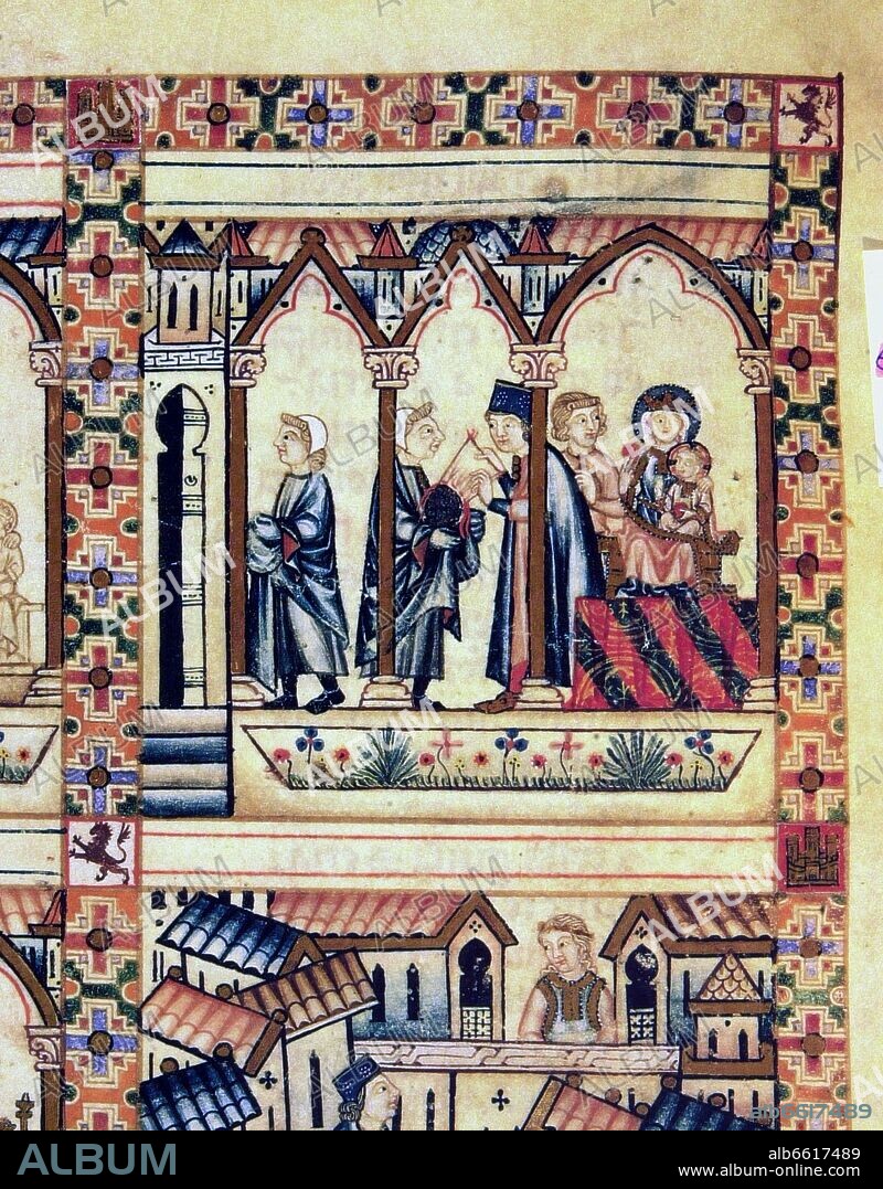 ALFONSO X DE CASTILLA EL SABIO. MS.B.R.20- CANTIGA STA MARIA-Nº312-F57V-B-ESCULTOR COBRA SU TRABAJO TRAS POLICROMAR IMAGEN-S XIII.