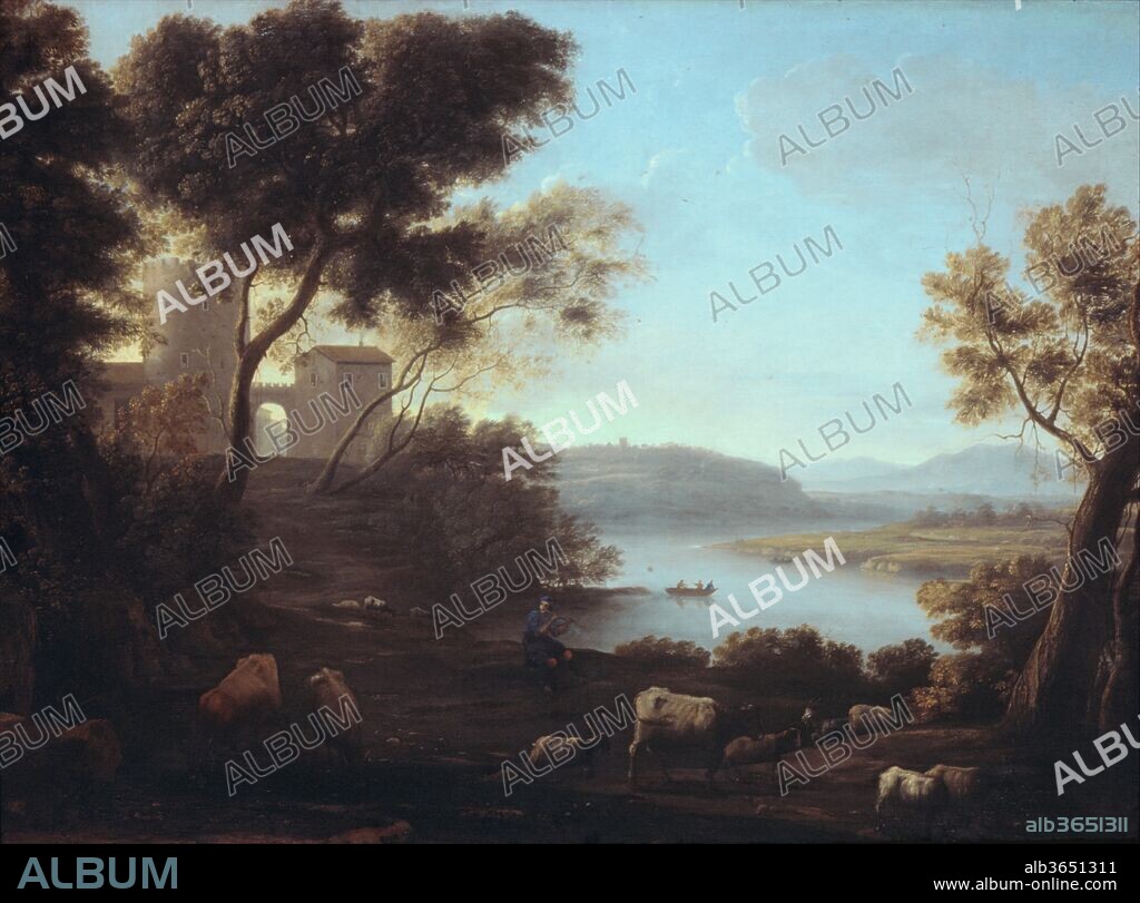 Pastoral Landscape: The Roman Campagna. Artist: Claude Lorrain (Claude Gellée) (French, Chamagne 1604/5?-1682 Rome). Dimensions: 40 x 53 1/2 in. (101.6 x 135.9 cm). Date: ca. 1639.
The painting has been identified with one of the drawings in the <i>Liber Veritatis</i>. The inscription on the back of this drawing states that the painting was executed in Rome for a client in Paris. The contrast between intense light in the background and the lyrical shadow in the foreground is characteristic of Claude's landscapes, as is the building to the left, similar to many still visible in the Roman Campagna.