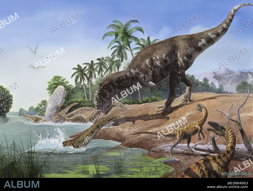 A Majungasaurus crenatissimus grabs the tail of a crocodilian Mahajangasuchus insignis. Masiakasaurus knopfleri observe the action in the foreground.