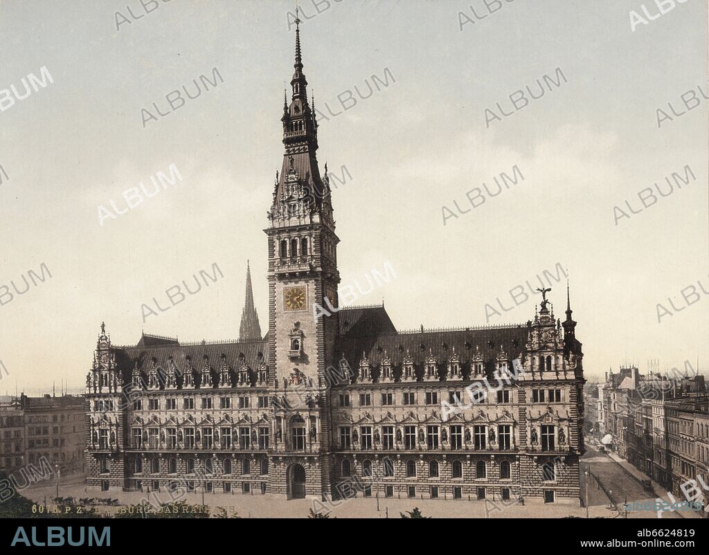The historical photograph from around 1900 shows the town hall and market square in Hamburg.

Photo: Collection Sauer. 1900