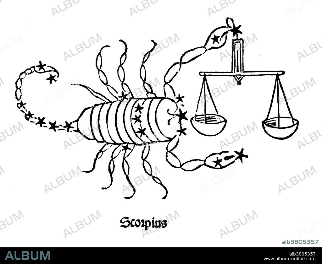 Scorpius, sometimes known as Scorpio, is one of the constellations of the zodiac. Its name is Latin for scorpion. It is one of the 48 constellations described by the 2nd century astronomer Ptolemy, and remains one of the 88 modern constellations defined by the International Astronomical Union. Scorpio is the eighth astrological sign in the Zodiac, linked to the constellation of Scorpius. It spans the 210-240th degree of the zodiac, an area which the Sun transits on average between October 23 and November 22 each year. Poeticon astronomicon is a star atlas whose authorship is disputed. The work was originally attributed to the Roman historian Gaius Julius Hyginus (64 BC - AD 17). The book lists most of the constellations in the same order as Ptolemy's Almagest (2nd century AD) which has led many to believe that a more recent Hyginus created the text. The Poeticon astronomicon was not formally published until 1482, by Erhard Ratdolt. He commissioned a series of woodcuts, but the relative positions of the stars bear little resemblance to the descriptions given by Hyginus in the text or the actual positions of the stars in the sky.