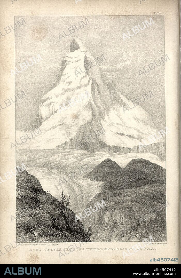 Mont Cervin, from the Riffelberg near Monte Rosa, Matterhorn from Riffelberg at Monte Rosa; Lithograph, Signed: Drawn from nature by Professor Forbes, T. Picken lith, Pl. 7, after p. 312, Forbes, James David (drawn); Picken, T. (lith.), 1843, James David Forbes: Travels through the alps of Savoy and other parts of the Pennine Chain with observations of the phenomena of glacier. Edinburgh: Adam and Charles Black, 1843.