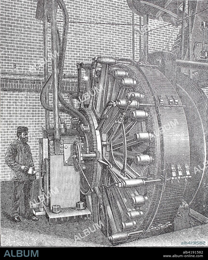 Electric generators in the 19th century: Siemens, Innenpolmaschine, Modell fuer Elektrizitaetswerke, internal pole machine, model for power stations, digital improved reproduction of an original print from the 19th century.
