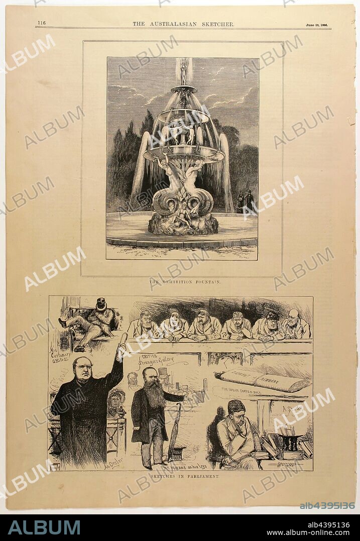 Newspaper Cutting - 'The Exhibition Fountain', The Australasian Sketcher, Adelaide, 19 Jun 1880, Extracts of The Australian Sketcher, no.99, vol. VIII, Adelaide edition, Saturday 19 June 1880, pp. 114-16, 125-28, published by G.N. & W.H. Birks, Adelaide. Page 116 depicts two black & white wood block illustrations: the top image shows the fountain at the southern entrance to the Melbourne Exhibition Buildings; the lower image is captioned 'Sketches in Parliament'. The fountain was designed.