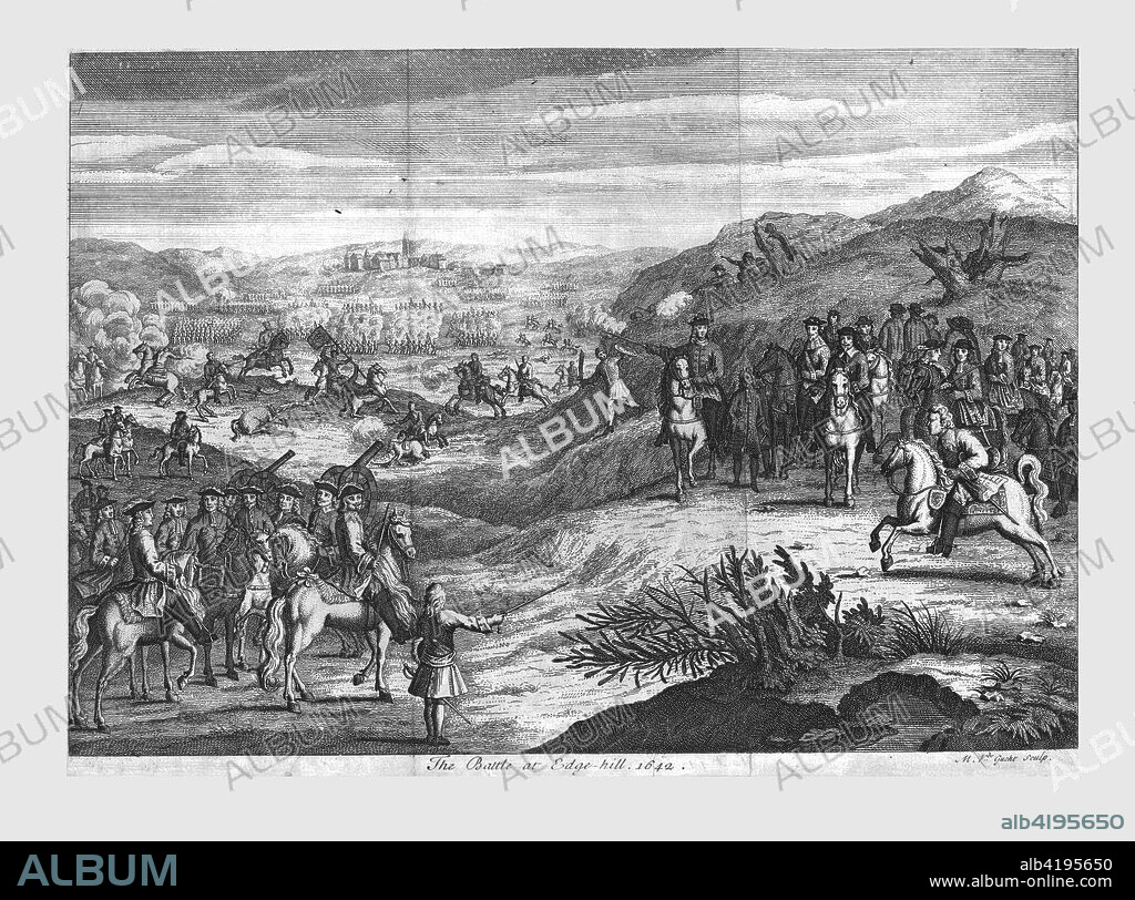 'The Battle of Edge-hill, 1642', (late 17th century). The Battle of Edgehill (or Edge Hill) was the first pitched battle of the First English Civil War, fought on on Sunday, 23 October 1642 in southern Warwickshire. Royalist cavalry for King Charles I (1600-1649), under Prince Rupert of the Rhine (1619-1682) routed the cavalry of Robert Devereux, 3rd Earl of Essex (1591-1646) vanguard at the Battle of Powick Bridge.