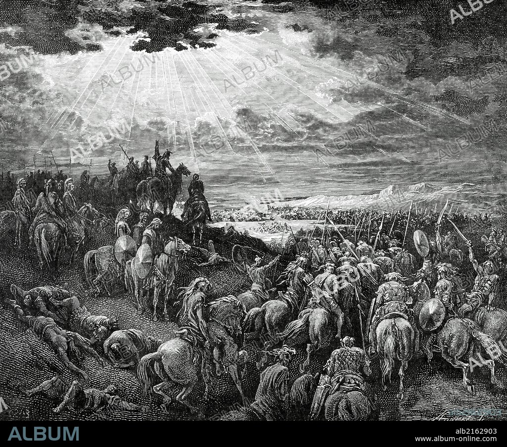 Joshua Commanding the Sun to Stand Still. Jos 10:13. And the sun stood still, and the moon stayed, until the people had avenged themselves upon their enemies.  Dore Bible Engraving.19th century.