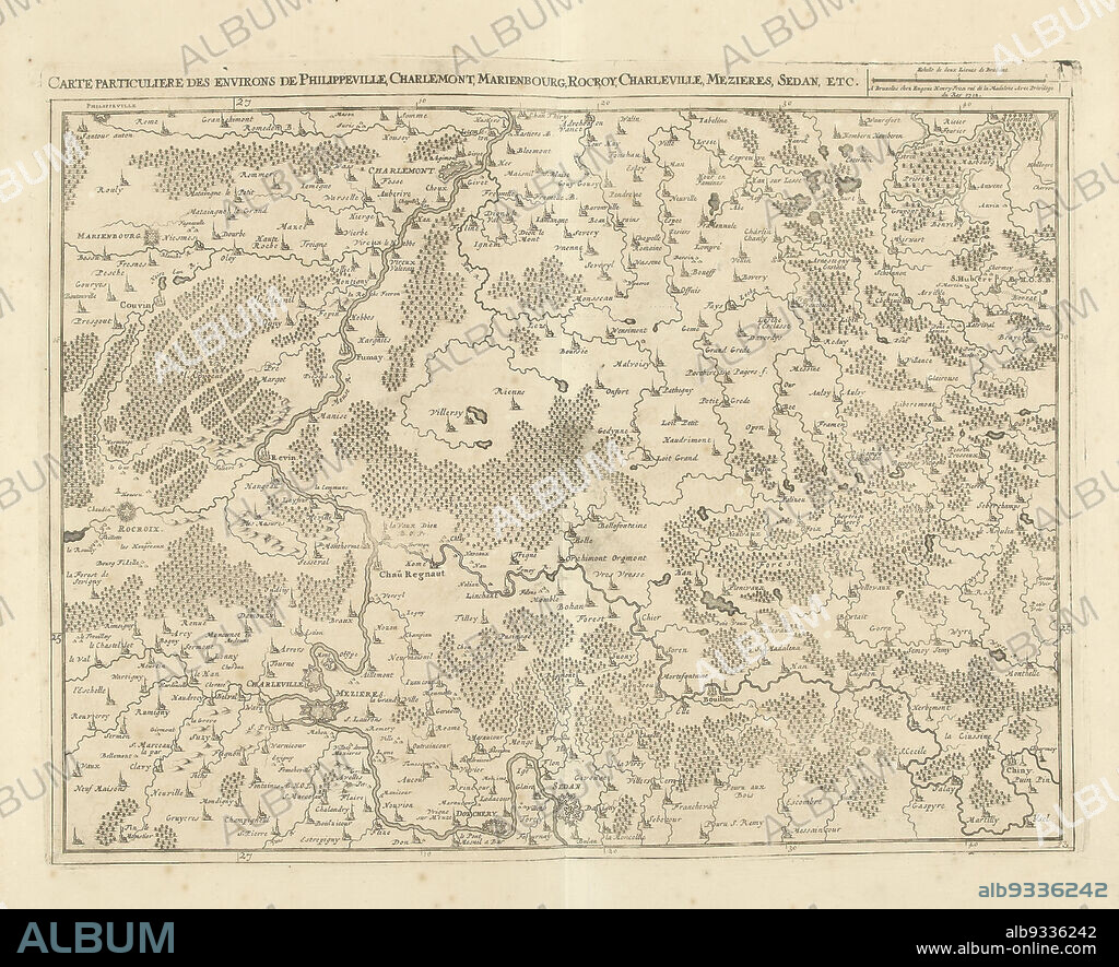 Map of Northern France, 1712, Carte particuliere des environs de Philippeville, Charlemont, Marienbourg, Rocroy, Charleville, Mezieres, Sedan, etc. (title on object), Map of northern France with the towns of Philippeville, Mariembourg, Rocroi, Charleville-Mézières and Sedan, 1712. Part of a bundled collection of plans of battles and cities renowned in the War of the Spanish Succession. This plate is among the first 24 plates that make up a very large map of the Southern Netherlands., print maker: Jacobus Harrewijn (attributed to), publisher: Eugene Henry Fricx (mentioned on object), Brussels, 1712, paper, etching, engraving, height 440 mm × width 555 mm.