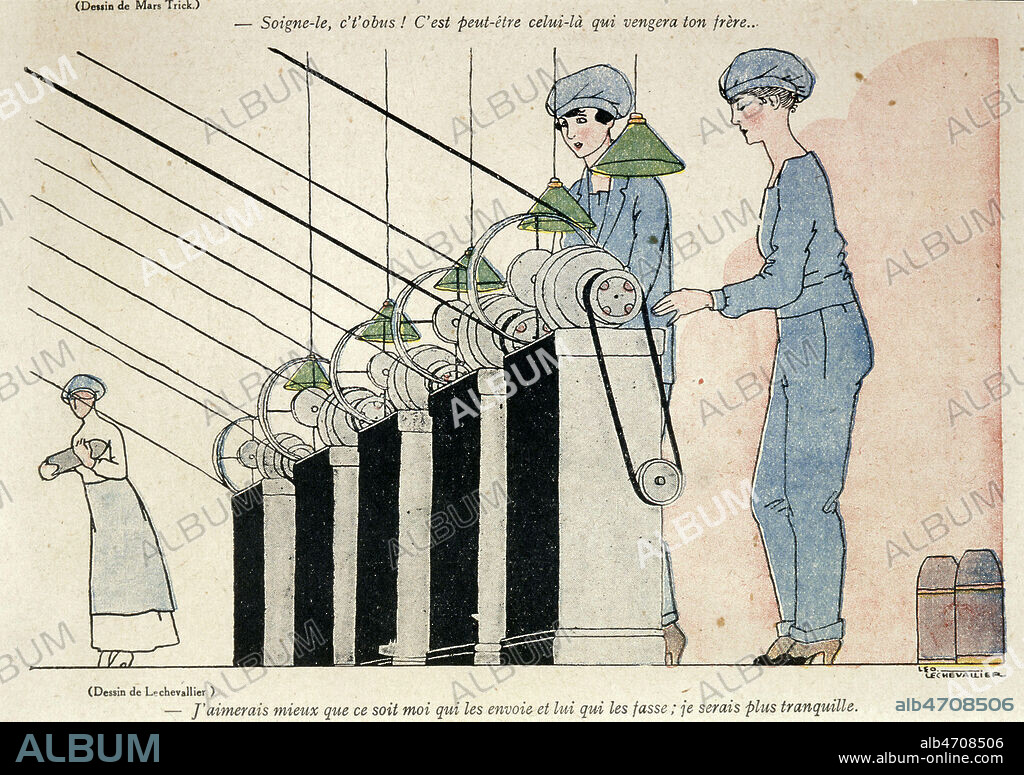 Femmes au travail dans une usine de munitions pendant la premiere guerre mondiale. Illustration Leo LeChevallier in La Baionnette octobre 1917. Credit Collection Kharbine Tapabor.