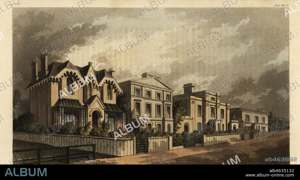 Group of villas on Herne Hill, Camberwell, London, 1825. Ornamental cottage, family home, picturesque house and two-story house with Sicilian roof. Handcoloured copperplate engraving after an illustration by J. Thomson from Rudolph Ackermanns Repository of Arts, London, 1825.
