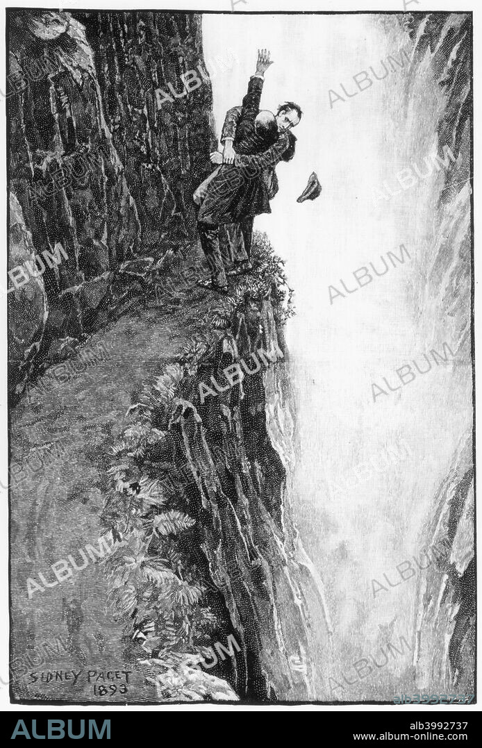 'The Death of Sherlock Holmes', 1893. Holmes and his arch-enemy Moriarty locked in combat on a ledge above the Reichenbach Falls. Illustration for The Final Problem by Arthur Conan Doyle (1859-1930) published in Strand Magazine, December 1893.