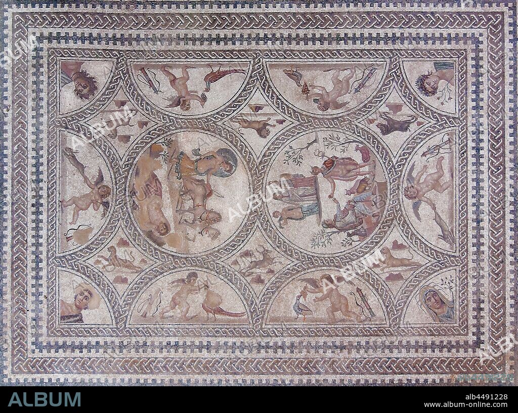 Roman Iberian city of Castulo, Mosaic of the loves, Linares, Jaen province, Region of Andalusia, Spain, Europe.
