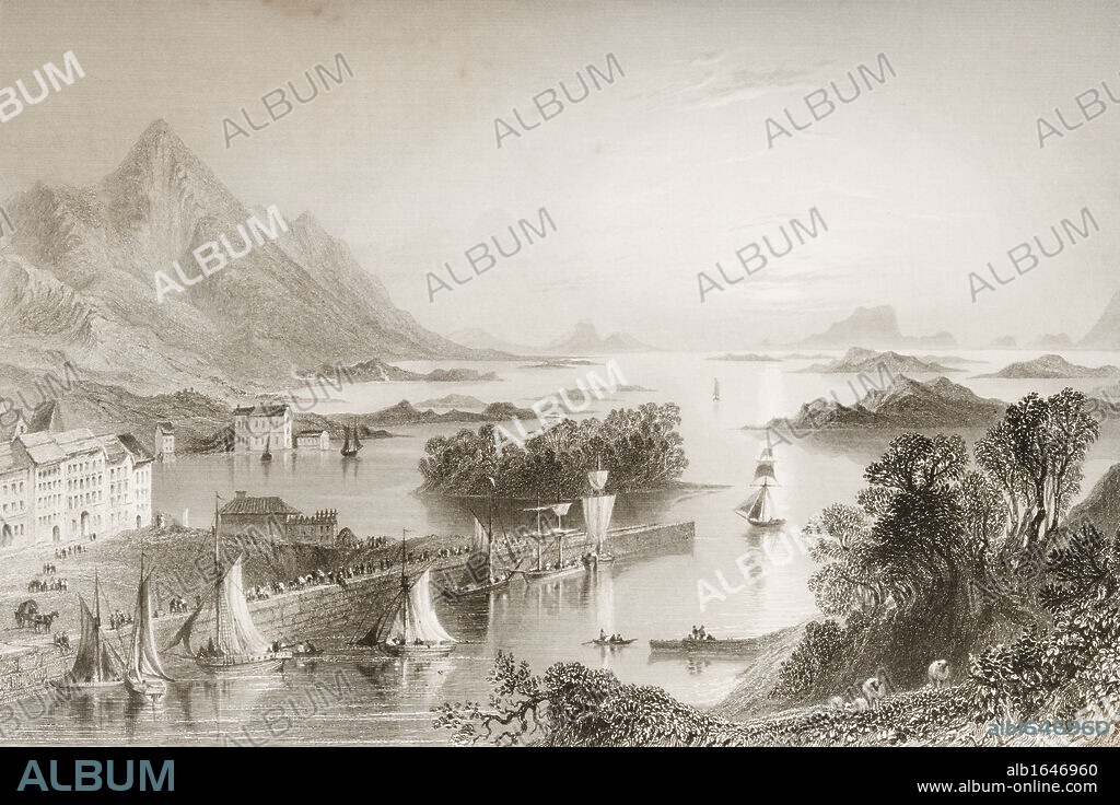 Clew Bay from West Port, County Mayo, Ireland. Drawn by W.H.Bartlett, engraved by R. Wallis. From 'The Scenery and Antiquities of Ireland' by N.P.Willis and J.Stirling Coyne.Illustrated from drawings by W.H.Bartlett. Published London c.1841.