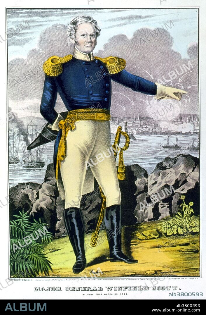 Scott, American Army General, 1847. Winfield Scott (June 13, 1786 - May 29, 1866) was a US Army general. He served on active duty as a general longer than any other man in American history. Over the course of his 47 year career, he commanded forces in the War of 1812, the Mexican-American War, the Black Hawk War, the Second Seminole War, and, briefly, the American Civil War, conceiving the Union strategy known as the Anaconda Plan that would be used to defeat the Confederacy. A national hero after the Mexican-American War, he served as military governor of Mexico City. Such was his stature that, in 1852, the Whig Party passed over its own incumbent President Millard Fillmore, to nominate Scott in that year's presidential election. At a height of 6'5", he remains the tallest man ever nominated by a major party. Scott lost to Democrat Franklin Pierce in the general election, but remained a popular national figure, receiving a brevet promotion in 1856 to the rank of lieutenant general, becoming the first American since George Washington to hold that rank. He lived to see the Union victory in the Civil War and died in 1866 at the age of 79. He is buried in West Point Cemetery.