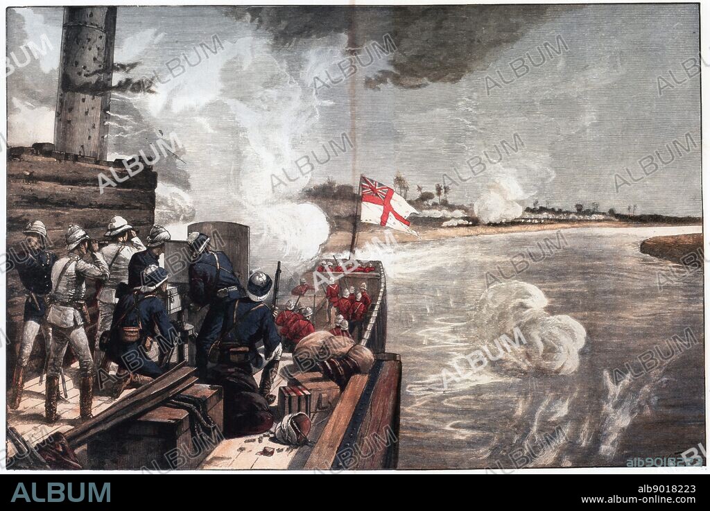 To the Rescue': War in the Sudan, 1885. British gunboats engaging the enemy on the way up the ile to relieve General Gordon, besieged by the Mahdi at Khartoum. The British gunboats under the command of Lord Charles Beresford arrived on 28 January, two days after the fall of the city and the massacre of Gordon and the garrison. The gunboat fitted with Nordenfeld machine gun. Officers and men are wearing in Solar Topees (pith helmets) . The From 'The Illustrated London News'. (London, 21 March 1885). Chromolithograph.