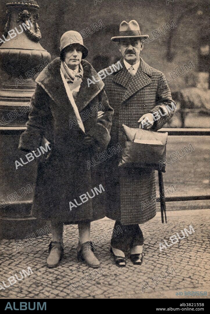 Photograph of Katia and Thomas Mann, Berlin, dated 1929. Thomas Mann (June 6, 1875 - August 12, 1955) was a German novelist, short story writer, social critic, philanthropist, essayist, and Nobel laureate, known for his series of highly symbolic and ironic epic novels and novellas, noted for their insight into the psychology of the artist and the intellectual. His analysis and critique of the European and German soul used modernized German and Biblical stories, as well as the ideas of Goethe, Nietzsche, and Schopenhauer. He married Katia Pringsheim, daughter of a wealthy, secular Jewish industrialist family, in 1905. She later joined the Lutheran faith of her husband. The couple had six children. He was awarded the Nobel Prize in Literature in 1929, principally in recognition of his popular achievement with the epic Buddenbrooks (1901), The Magic Mountain (Der Zauberberg 1924), and his numerous short stories. When Hitler came to power in 1933, he fled to Switzerland. When World War II broke out in 1939, he emigrated to the United States, but returned to Switzerland in 1952. He died in 1955 of atherosclerosis at the age of 80. Mann's diaries, unsealed in 1975, tell of his struggles with his bisexuality,which found reflection in his works.