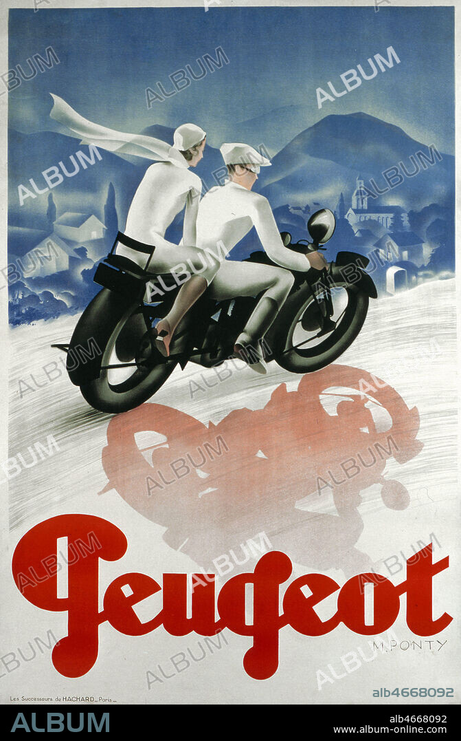 Affiche pour la marque PEUGEOT. Illustration Max PONTY (1904-1972=ADAGP) Credit Collection Perrin/KHARBINE-TAPABOR.