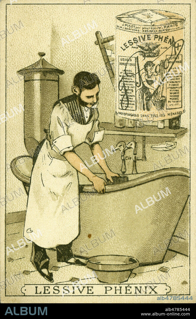 Un domestique nettoie une baignoire. Vignette publicitaire pour la lessive Phenix, vers 1910. Illustration anonyme. Credit : Collection IM/KHARBINE-TAPABOR.