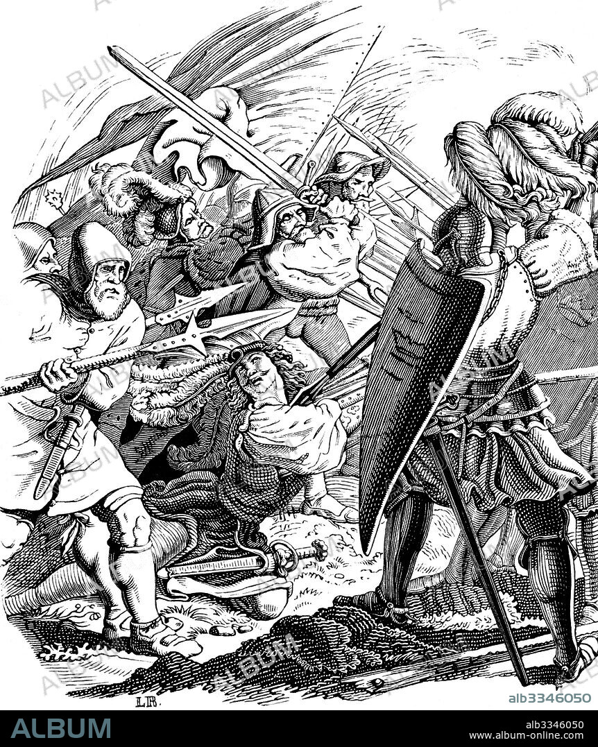 ADRIAN LUDWIG RICHTER. Death of Arnold Winkelried during the battle of Sempach (Illustration from the "Geschichte des deutschen Volkes" by E. Duller).