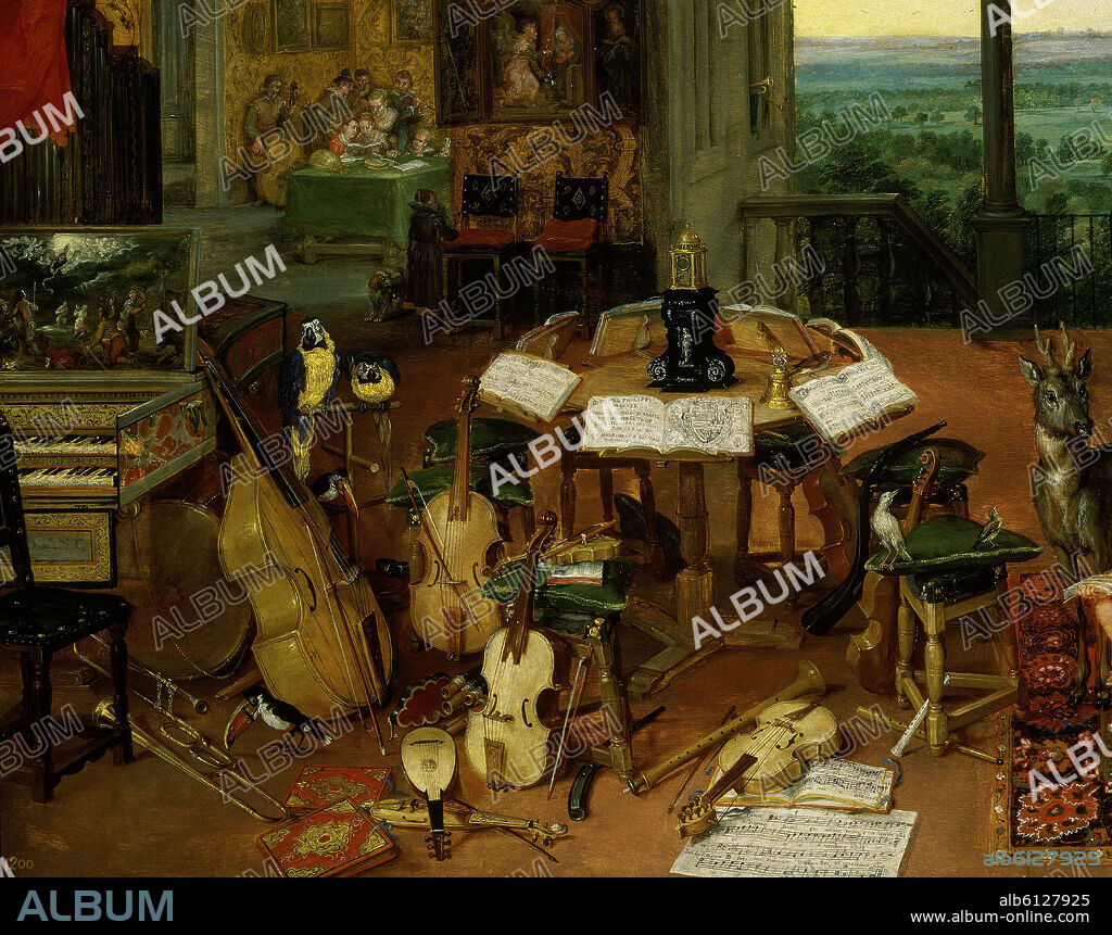 PETRUS PAULUS RUBENS Y JAN BRUEGHEL DE VELOURS. EL OIDO - DETALLE DE LA MESA CON LIBROS E INSTRUMENTOS MUSICALES - 1617 - CONJ Nº 500 - BARROCO FLAMENCO.