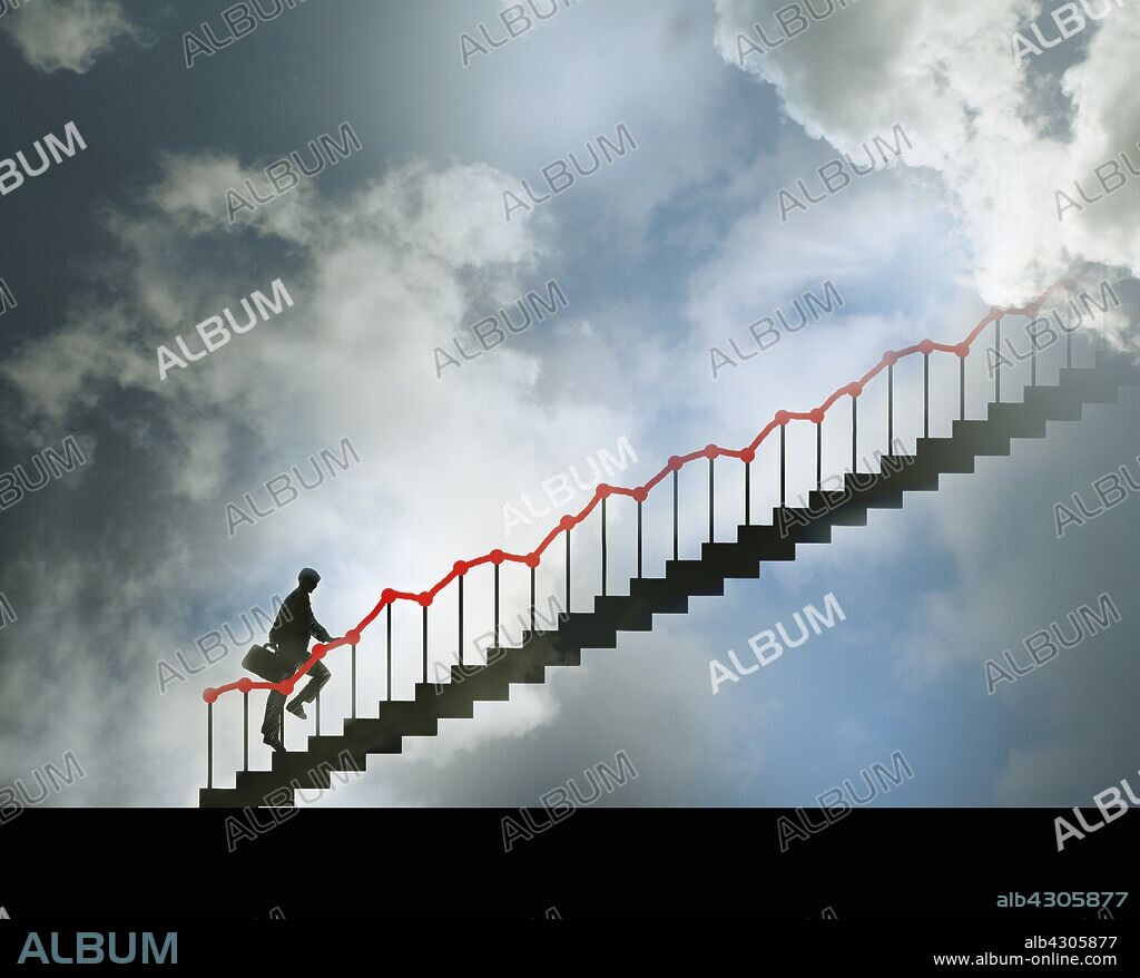 Businessman climbing stairs with line graph bannister.