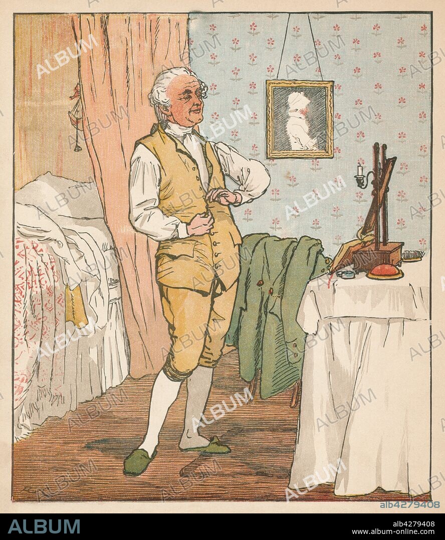The good man of Islington dressing, c1879. 'A kind and gentle heart he had, To comfort friends and foes; The naked every day he clad, When he put on his clothes'. From "An Elegy on the Death of a Mad Dog", by Oliver Goldsmith, illustrated by Randolph Caldecott. [London, c1879].