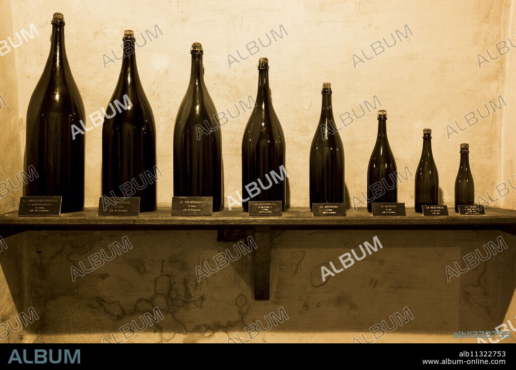 Demie, Magnum, Jeroboam, Methusalem, Balthazar, Salmanazar, Nebuchadnezzar bottles at Champagne Taittinger in Reims, Champagne-Ardenne, France, Europe.
