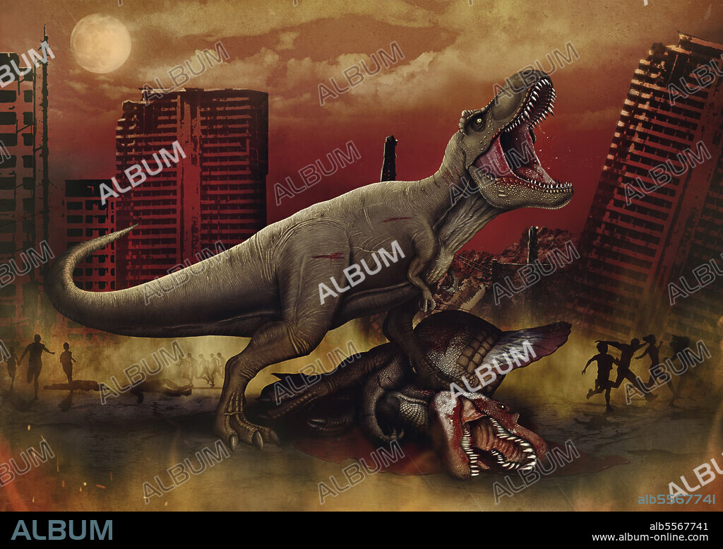 T-rex defeating a Spinosaurus dinosaur in battle.
